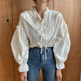 New Korean Style Solid Long Lantern Sleeve Women Blouse Loose Clothing Cotton Vintage Elegant Tops Women Shirt Blusas