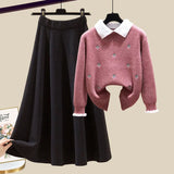 Knitted Two Piece Set Womens Outfits Korean Casual Turn Down Collar Long Sleeve Embroidery Knitted Sweater+skirts