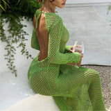 Spring Summer New Women's Clothing Sexy Hollow Perspective Holiday Solid Color Bare Back Knitted Long Dress