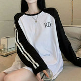 Streetwear Sweatshirt Women Striped Patchwork Oversized Pullover Korean Harajuku Letter Print Loose Casual Hoodies