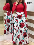 Winter 5XL Floral Print Patchwork Casual Fashion Maxi Dress Lady Long Sleeve Elegant All-match Robe Vestido Women