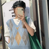 Style Argyle Sweater V-Neck Loose Sleeveless Pullovers Knitted Vest Green Sweater Autumn Korean Style Vintage