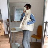 Winter Women Solid Loose Vest Drawstring Stand Collar pocket Short Vest Jacket Cotton Padded Windproof Warm