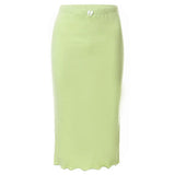 90s Aesthetics Basic Low Waist Slit Hem Green Skirts Y2K Streetwear Retro Solid Bow Trim Midi Skirt Women Summer
