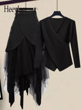 Winter 2 Piece Sets Women Long Sleeve Deep V-Neck Knitting Sweater And Irregular Mesh Patchwork Black Skirt Two Piece