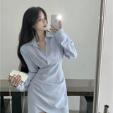 Shirts Dress Women Korean Irregular Folds A Line Dress Office Lady Elegant Long Sleeve Asymmetrical Pleated Slim