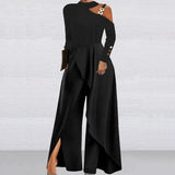 Women's O-neck Hollow Off Shoulder Jumpsuit Autumn Long Sleeve High Waist Wide Leg Romper Casual Loose Solid Commuter