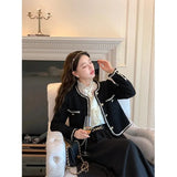 Vintage Jackets Women Black Tweed Cropped Coat Korean Elegant Thicken Single Breasted Blazer Casual Short Outerwear