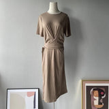 2021 summer midi dress short sleeve knot t-shirt dress solid color korean womens