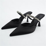 high-heeled shoes women's 2022 spring new women's shoes stiletto pointed toe pumps satin rhinestone glitter mules