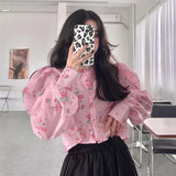 Y2K Printing Shirt Korean Sweet Puff Sleeve Crop Tops Fashion Turn Down Collar Long Sleeve All Match Harajuku Blouses