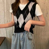 Style Y2k Sweater Vest Women Pullover Knitted Vest Sleeveless Sweaters for Women Fashion Vintage Argyle Women's