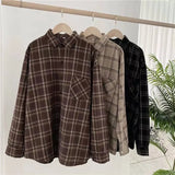 Women Plaid Shirts Loose Oversize Long Sleeve Button Up Fall Shirt Casual Pocket Female Tops Korean Black