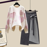 Lazy Sweater Two Piece set Women Sweet Heart-shaped beaded Pullover Jumper Top + Irregular Striped Skirt Knit 2PCS