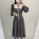 Style Women's Spring and Summer Shirt Dress Fashion Print Retro Bow Long Sleeve Party