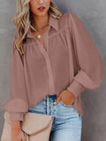 Autumn White Shirt Women Button Up Lantern Sleeve Shirt Ladies Blouse Ruched Loose Shirt For