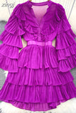Vintage Women Cascading Ruffle Party Dress Elegant V-Neck Flare Long Sleeve High Waist A-Line Mini Vestidos Female