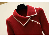 Winter New Knitted Bottoming Dress for Women High-end Temperament Lapel Long Sleeve Button Deco A-line Sweater Long