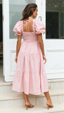 Plaid Puff Sleeve Midi Dress-Outfit