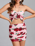 Summer Floral Print Cropped Top+Mini Skirt 2-Piece Set Women Pink Halter Top+Ruched Mini Skirt Suit Party Evening Club