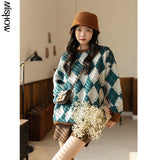 2021 Winter Pullovers For Women Vintage Pearls Argyle Clothing Long Sleeve Retro Sweaters Female Knitted Tops