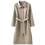 Autumn Long Black Cool PU Leather Trench Coat for Women Belt Single Breasted Loose Korean Fashion Wholesale Clothes