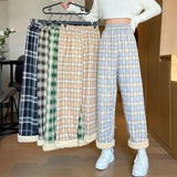 Fashion Warm Plush Pants Thick Plaid Women Winter Casual Loose Wide Leg Trousers Korean Streetwear Straight Student
