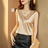 Woman Blouse V-neck Silk Embroidery Pretty and Cheap Women's Blouses 2023 Satin Shirts Tops Sleeveless Female