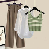 Women Pants Sets Summer Casual Striped Knitted Vest+long Sleeve Sunscreen+wide Leg Long Pant 3 Pieces Set Women Outfits