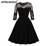 Mesh Black Gothic Dress Women Sexy Half Sleeve Round Neck Patchwork Perspective Party Swing Vintage