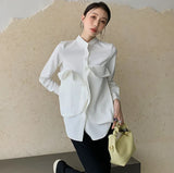 Designer White Ruffle Long Sleeve Button Up Shirt For Women Stand Collar Black Korean Fashion Top Blouse Fall
