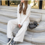 New Hot Pure Color Knitted Jacket High-Collar Sweater Set Loose Top + Pants