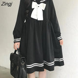 Gothic Lolita Dress Women Japanese Sweet Bow Kawaii Long Sleeve Dresses Summer Preppy Style Sailor Collar Party