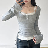 Solid Color Patchwork Stitching Side Long Sleeve TeeOutfit