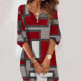Half Sleeve Print Pullover Shirt Dresses Ladies Casual Commute Mini Dress Elegant Women Zipper-up V Neck Party