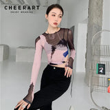 Palette Mesh Crop Top T Shirt Women See Through Drawstring Cut Out Long Sleeve Designer Top High Fashionn