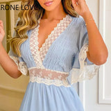 Women Ruffles Crochet Lace Patch Shirring Detail Casual Dress Summer Sweet Mini