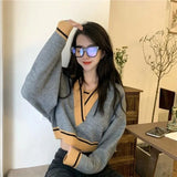 Retro V Neck Sweaters Women Patchwork Cropped Pullovers Streetwear Korean Fashion Loose Casual Long Sleeve Jumpers
