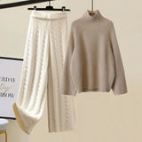 Warm 3 Piece Sets Womens Outfits Office Ladies Turtleneck Knitted Sweater+woolen Parkas Vest+wide Leg Knitting Pants