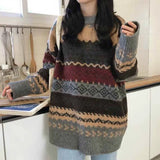 Women Vintage Loose Casual Sweaters Geometric Female Harajuku Korean Fashion Womens Striped Sweater Streetwear