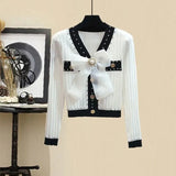 Fall Winter Knitwear Two Piece Sets For Women Outfits French Vintage Fragrance Bow Bandage Knitted Sweater+Plaid Skirt