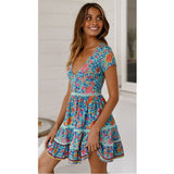 Queens Women Floral Print Lace Short Sleeve Beach Sexy Bohemian Mini Dress Ladies V-neck Boho Dresses