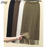 Knit Long Midi Skirt Women 2022 Winter Warm Korean Fashion Tassel Slit Elegant High Waist Pencil Skirt