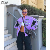 Summer Letter Print Jacket For Women 2022 Streetwear Purple Long Sleeve Zip Up Coats Female Casual Fashion Varsity