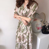 Style Slim Waist Lady Long Dress Puff Sleeve Cross V-Neck Split Floral Chiffon Women Dress Fashion Printing Pencil