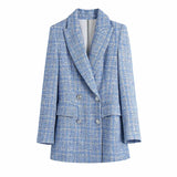 Fashion Double Breasted Tweed Check Blazers Coat Women 2021 Vintage Long Sleeve Pockets Female Outerwear Chic Veste