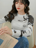 Summer Sexy Women Top Vintage Cartoon Print See Through Transparent Mesh T-Shirt Long Sleeve Harajuku Slim Lady O Neck