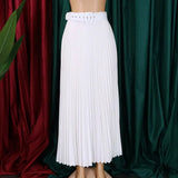High Waist Pleated Long Skirt With Belt- Outfit