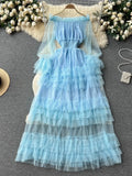 Autumn Women Ruffle Mesh Party Long Dress Sexy Slash Neck Off Shoulder See Through Maxi Robe Female New