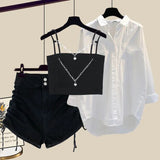 Women Streetwear Harajuku Y2k Outfits 3 PCS Sets Chain Vest+long Sleeve Sunscreen+wide Leg Hollow Out Denim Pant